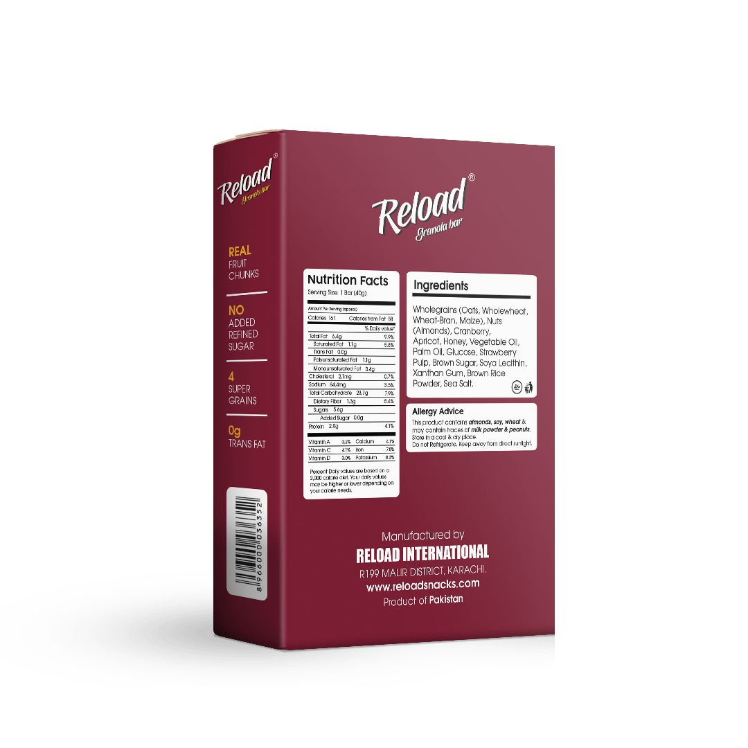 Reload Granola Bar Cranberry & Almond Box (6 Bars) Reload International